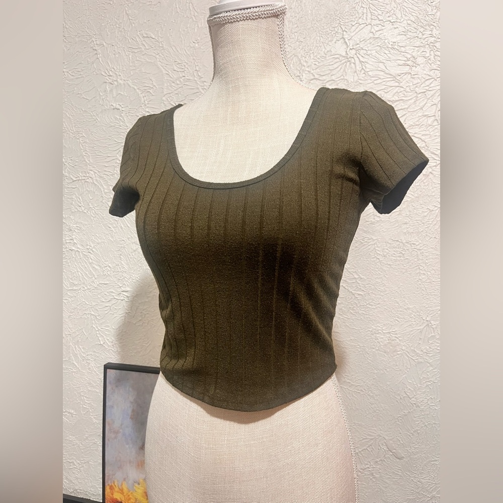 Olive Ribbed Scoop Neck Top